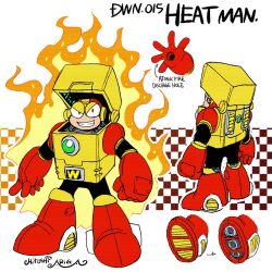 Rule 34 | &gt;:), 1boy, air vent, android, ariga hitoshi, arm cannon, armor, arrow (symbol), artist name, boots, burning, character name, character sheet, checkered background, chest jewel, clenched hand, clenched teeth, commentary request, concept art, electric fan, english text, evil smile, fire, from behind, full body, gem, gradient background, green gemstone, heat man, highres, knee boots, lighter, looking ahead, looking at viewer, male focus, mega man (classic), mega man (series), mega man 2, multiple views, no humans, orange background, red background, red eyes, red footwear, robot, scanlines, shoe soles, simple background, smile, standing, teeth, three quarter view, turnaround, v-shaped eyebrows, weapon, white background, yellow armor, zippo lighter