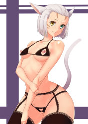 Rule 34 | 10s, 1girl, animal ears, aqua eyes, blue eyes, bra, breasts, cat ears, cat tail, cleft of venus, crotchless, crotchless panties, curvy, final fantasy, final fantasy xiv, garter belt, helmet (touhu812), heterochromia, highres, lingerie, looking at viewer, miqo&#039;te, nipples, panties, pussy, short hair, silver hair, simple background, small breasts, smile, solo, striped, striped background, tail, thick thighs, thighhighs, thighs, uncensored, underwear, underwear only, warrior of light (ff14), wide hips, yellow eyes