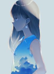 Rule 34 | 1girl, achiki, bad id, bad twitter id, bare arms, bare shoulders, blue eyes, brown hair, buttons, cloud, cloudy sky, collared shirt, commentary request, earrings, grey background, hair between eyes, jewelry, long hair, looking away, nose, original, profile, shirt, simple background, sky, sky print, sleeveless, sleeveless shirt, solo, upper body, wing collar