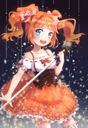 Rule 34 | 1girl, :d, absurdres, bare shoulders, blue eyes, blush, bow, breasts, collarbone, cowboy shot, dress, frilled dress, frills, hair intakes, hair ornament, hair ribbon, highres, holding, holding microphone, idolmaster, idolmaster (classic), jewelry, layered dress, looking at viewer, microphone, microphone stand, necklace, off-shoulder dress, off shoulder, open mouth, orange dress, orange hair, red bow, ribbon, small breasts, smile, solo, sparkle background, star (symbol), star hair ornament, takatsuki yayoi, teeth, thighhighs, twintails, underbust, yuhuan