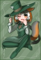 Rule 34 | 1girl, alice in wonderland, animal ears, boots, extra ears, fox ears, fox girl, fox tail, green background, hat, highres, hikarikmy, island fox (kemono friends), kemono friends, kemono friends v project, looking at viewer, necktie, one eye closed, open mouth, pants, parody, shirt, simple background, solo, tail, vest, virtual youtuber, yellow eyes