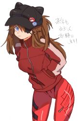 Rule 34 | !, 1girl, :3, black hat, blue eyes, bodysuit, breasts, brown hair, curvy, evangelion: 3.0 you can (not) redo, eyepatch, hair between eyes, hands in pockets, hat, highres, jacket, long hair, looking at viewer, medium breasts, neon genesis evangelion, nipples, pilot suit, plugsuit, rebuild of evangelion, red bodysuit, shiny clothes, simple background, solo, souryuu asuka langley, standing, szk5355, track jacket, translation request, two side up, wide hips