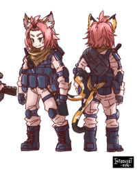Rule 34 | 1girl, alternate costume, animal ear fluff, animal ears, backpack, bag, bangs pinned back, black footwear, boots, bulletproof vest, cat ears, cat girl, cat tail, character sheet, combat boots, commentary request, diona (genshin impact), from behind, full body, genshin impact, green eyes, highres, introvert-kun, jumpsuit, knee guards, looking at viewer, pink hair, pink jumpsuit, pocket, ribbon, short hair, sidelocks, simple background, smile, solo, tactical clothes, tail, tail ornament, tail ribbon, white background