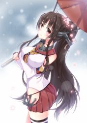 Rule 34 | 10s, 1girl, breasts, brown eyes, brown hair, hair ornament, kantai collection, large breasts, light smile, long hair, looking at viewer, masuishi kinoto, oil-paper umbrella, personification, ponytail, shima (shima je), snowing, solo, thighhighs, umbrella, very long hair, yamato (kancolle)