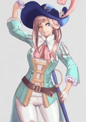 Rule 34 | 1girl, arm up, ascot, asymmetrical hair, belt, blue eyes, blue hat, blue jacket, breasts, chevalier d&#039;eon (fate), chevalier d&#039;eon (fate) (cosplay), commentary request, cosplay, cowboy shot, fate/grand order, fate (series), flower, gloves, grey background, hair ribbon, half gloves, hat, hat feather, jacket, janoukyo19, lily (flower), long hair, low tied hair, medium breasts, miyamoto musashi (fate), one eye closed, pants, pink hair, pink ribbon, rapier, ribbon, sheath, sheathed, shirt, sidelocks, simple background, smile, solo, sword, thighhighs, weapon, white gloves, white pants, white shirt