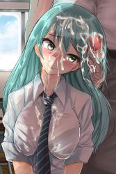 Rule 34 | 1girl, absurdres, akizuki shigure, alternate costume, aqua hair, between breasts, black necktie, blush, breasts, breasts squeezed together, brown pants, closed mouth, collared shirt, covered erect nipples, cum, cum on clothes, cum on hair, day, eyelashes, facial, green eyes, hetero, highres, indoors, kantai collection, large breasts, long hair, lower body, necktie, necktie between breasts, nose blush, pants, penis, shirt, short sleeves, smile, solo, solo focus, standing, straight hair, suzuya (kancolle), uncensored, upper body, white shirt, window, wing collar