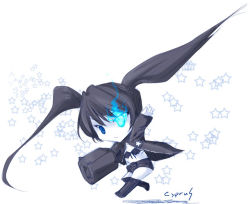 Rule 34 | 10s, 1girl, arm cannon, black hair, black rock shooter, black rock shooter (character), blue eyes, chibi, cyprus, female focus, full body, hatsune miku, navel, scar, solo, twintails, vocaloid, weapon