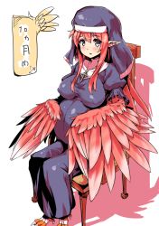 Rule 34 | 1girl, blush, breasts, catholic, cross, crucifix, feathered wings, grey eyes, habit, harpy, highres, kawasumi (tk2k jade), long hair, looking at viewer, medium breasts, monster girl, nun, open mouth, original, pointy ears, pregnant, simple background, sitting, solo, talons, white background, winged arms, wings