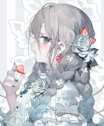 Rule 34 | 1girl, blue nails, bow, braid, cross-shaped pupils, fang, flower, food, from side, fruit, grey bow, grey eyes, grey theme, hair flower, hair ornament, highres, holding, holding food, holding fruit, jewelry, karo (karohroka), long hair, looking at viewer, nail polish, open mouth, original, pendant, rose, simple background, solo, strawberry, symbol-shaped pupils, upper body, white background, white flower, white rose, white theme