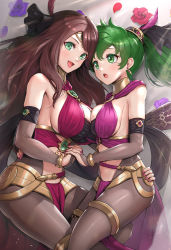 Rule 34 | 2girls, :d, :o, alternate costume, asymmetrical docking, bare shoulders, black legwear, black ribbon, breast press, breasts, brown hair, cleavage, commentary request, dancer, dorothea arnault, earrings, fire emblem, fire emblem: genealogy of the holy war, fire emblem: three houses, fire emblem heroes, flower, gonzarez, green eyes, green hair, hair ornament, hair ribbon, hand on another&#039;s hip, highres, holding hands, jewelry, large breasts, lene (fire emblem), loincloth, long hair, multiple girls, nail polish, navel, nintendo, open mouth, pantyhose, ponytail, purple flower, purple rose, ribbon, rose, skin tight, smile, stomach, thighs