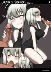 Rule 34 | 1girl, absurdres, ahoge, artist name, bare shoulders, barefoot, between legs, black dress, blush, breasts, censored, closed eyes, comic, covered erect nipples, dark-skinned male, dark skin, dated, dress, english text, fate/grand order, fate (series), fellatio, full-length zipper, hand between legs, highres, jeanne d&#039;arc (fate), jeanne d&#039;arc alter (avenger) (fate), jeanne d&#039;arc alter (fate), jewelry, kneeling, large breasts, mosaic censoring, necklace, oral, pale skin, penis, precum, ryle, saliva, short dress, silver hair, sweatdrop, wavy mouth, yellow eyes, zipper