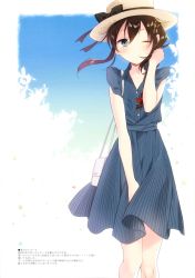 Rule 34 | 1girl, bag, bandana, between legs, black bow, black ribbon, blue dress, bow, brown hair, clear sky, collarbone, dress, floating hair, hair bow, hand between legs, hand in own hair, handbag, hat, hat bow, hat ribbon, highres, kantai collection, long hair, looking at viewer, naoto (tulip), pinstripe dress, pinstripe pattern, red bow, ribbon, shigure (kancolle), shigure kai ni (kancolle), sky, sleeveless, sleeveless dress, solo, standing, striped clothes, striped dress, sun hat, vertical-striped clothes, vertical-striped dress, white hat, wind