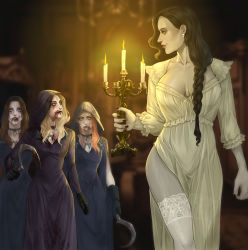 Rule 34 | 4girls, absurdres, alcina dimitrescu, annasassiart, bela dimitrescu, black hair, blonde hair, blood, blood from mouth, blue hair, braid, brown hair, candle, candlestand, cassandra dimitrescu, cloak, daniela dimitrescu, earrings, highres, holding, holding candle, holding weapon, hood, hooded cloak, jewelry, long hair, looking at another, looking down, mother and daughter, multiple girls, necklace, nightgown, orange hair, pelvic curtain, resident evil, resident evil village, siblings, sisters, size difference, smile, tall, tall female, thighhighs, weapon, yellow eyes