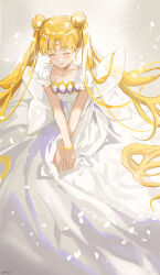 Rule 34 | 1girl, bishoujo senshi sailor moon, blonde hair, blush, breasts, cleavage, closed eyes, closed mouth, commentary request, crescent, crescent earrings, double bun, dress, earrings, facial mark, facing viewer, forehead mark, hair bun, haruri, highres, jewelry, long hair, princess serenity, puffy short sleeves, puffy sleeves, sailor moon, short sleeves, small breasts, smile, solo, twintails, very long hair, white dress