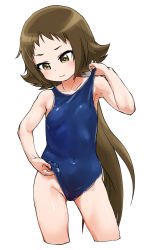 Rule 34 | 1girl, blue one-piece swimsuit, brown eyes, brown hair, calpara, clothes pull, covered navel, cowboy shot, facing viewer, female focus, flat chest, highres, long hair, looking down, mikakunin de shinkoukei, mitsumine mashiro, one-piece swimsuit, one-piece swimsuit pull, ponytail, school swimsuit, simple background, solo, swimsuit, white background