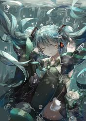Rule 34 | 1girl, aqua hair, boots, bubble, detached sleeves, closed eyes, hatsune miku, headphones, long hair, necktie, panties, skirt, solo, submerged, teeth (artist), thigh boots, thighhighs, twintails, underwater, underwear, very long hair, vocaloid