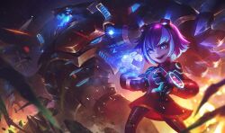 Rule 34 | 1girl, :d, alternate costume, annie (league of legends), artist request, bad source, bear, destruction, dress, gauntlets, glowing, goggles, goggles on head, hologram, league of legends, mecha, multicolored background, multicolored hair, official art, open mouth, red dress, red hair, robot, smile, super galaxy annie, tibbers, two-tone hair, white hair