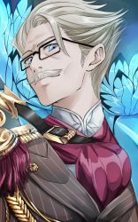 Rule 34 | 1boy, aoyashio rin, black-framed eyewear, blonde hair, blue eyes, closed mouth, epaulettes, facial hair, fate/grand order, fate (series), forehead, glasses, glowing, head tilt, highres, jacket, james moriarty (archer) (fate), looking at viewer, male focus, military jacket, mustache, red neckwear, smile, solo, striped clothes, striped jacket, upper body
