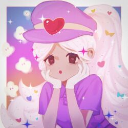 Rule 34 | 1girl, artist request, cotton candy cookie, curly hair, heart, humanization, long hair, non-web source, parted bangs, personification, pink hair, purple hair, purple shirt, shirt, short sleeves, solo, source request, sparkle, very long hair, wavy hair