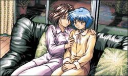 Rule 34 | 2girls, grabbing another&#039;s breast, breasts, fermion, game cg, grabbing, lowres, multiple girls, pajamas, pc-98 (style), pc98, yuri