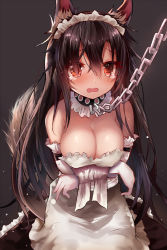 Rule 34 | 1girl, alternate costume, animal ears, apron, bare shoulders, bdsm, black collar, black dress, blush, bondage, bound, bound arms, breasts, brown hair, chain, cleavage, collar, commentary request, dress, efe, elbow gloves, enmaided, gloves, grey background, hair between eyes, imaizumi kagerou, large breasts, light particles, long dress, long hair, long skirt, looking at viewer, maid, maid apron, maid headdress, open mouth, petticoat, red eyes, revision, seiza, simple background, sitting, skirt, slave, solo, strapless, strapless dress, tail, touhou, upper body, very long hair, waist apron, white apron, white gloves, wolf ears, wolf tail