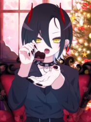Rule 34 | 10northern11, 1girl, azur lane, black choker, black hair, black nails, black shirt, cake, choker, christmas, christmas tree, collared shirt, cross, ear piercing, food, fork, hair between eyes, hands up, heart, highres, holding, holding fork, horns, incoming food, indoors, long sleeves, looking at viewer, multicolored hair, open mouth, piercing, pov, red horns, shirt, short hair, sitting, solo, sparkle, spiked choker, spikes, streaked hair, ulrich von hutten (azur lane), white hair, window, yellow eyes