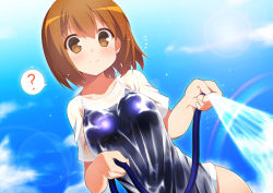 Rule 34 | 1girl, blush, brown hair, cloud, competition school swimsuit, day, hoppege, hose, looking at viewer, nakahara-kun no kahogo na imouto, nakahara maria, one-piece swimsuit, rainbow, school swimsuit, see-through, shirt, short hair, sky, solo, swimsuit, swimsuit under clothes, t-shirt, water, wet, wet clothes