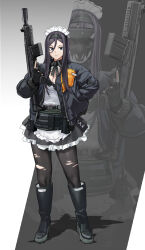 Rule 34 | 1girl, absurdres, apron, black dress, black eyes, black footwear, black gloves, black hairband, black jacket, black pantyhose, boots, breasts, bypos, cleavage, closed mouth, dress, fingerless gloves, full body, gloves, gun, hair between eyes, hairband, hand in pocket, highres, holding, holding gun, holding weapon, jacket, long hair, long sleeves, maid headdress, mask, mole, mole under eye, open clothes, open jacket, original, pantyhose, purple hair, simple background, standing, torn clothes, torn pantyhose, trigger discipline, weapon, white apron, zoom layer