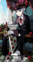 Rule 34 | 1boy, bad id, bad pixiv id, blue eyes, bow, bowtie, chair, flower, formal, glass, gloves, hat, light smile, male focus, original, pointy ears, rose, sitting, smile, solo, suit, sword, top hat, weapon, white hair, yue (returntobirth)