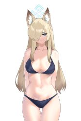 Rule 34 | 1girl, absurdres, animal ear fluff, animal ears, arms behind back, bare arms, bare legs, bare shoulders, bikini, black bikini, blonde hair, blue archive, blue halo, breasts, cleavage, closed mouth, collarbone, cowboy shot, gluteal fold, grey eyes, hair over one eye, halo, highres, hrna, kanna (blue archive), large breasts, long hair, looking at viewer, simple background, solo, swimsuit, thigh gap, white background