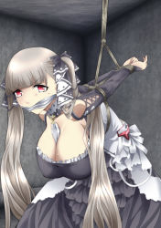 Rule 34 | 1girl, azur lane, bdsm, between breasts, black dress, bondage, bound, breasts, cleavage, cloth gag, dress, earrings, formidable (azur lane), frilled dress, frills, gag, gagged, grey hair, hachikumo, highres, improvised gag, jewelry, large breasts, long hair, looking at viewer, red eyes, ribbon, solo, twintails, two-tone dress, two-tone ribbon, very long hair