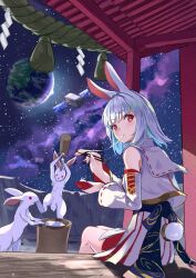 Rule 34 | 1girl, animal ears, blue hair, blunt bangs, character request, chinese zodiac, chopsticks, clothing cutout, commentary, copyright request, detached sleeves, earth (planet), eating, food, highres, holding, holding chopsticks, japanese clothes, kine, long sleeves, looking back, mallet, medium hair, mochi, obi, on moon, oramustat, planet, pleated skirt, rabbit, rabbit ears, rabbit girl, rabbit tail, red eyes, sash, shrine, sitting, skirt, sleeveless, tail, tail through clothes, year of the rabbit