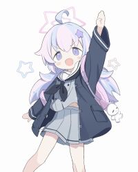Rule 34 | 1girl, arm up, atat250, backpack, bag, bag charm, black neckerchief, blue archive, blush, charm (object), grey skirt, hair ornament, halo, highres, jacket, long hair, long sleeves, looking at viewer, multicolored hair, neckerchief, open clothes, open jacket, open mouth, pink hair, pleated skirt, purple eyes, purple hair, reisa (blue archive), sailor collar, school uniform, serafuku, simple background, skirt, solo, star (symbol), star hair ornament, twintails, very long hair, white background