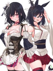 Rule 34 | 2girls, animal ears, black hair, black legwear, blouse, blue eyes, breasts, commentary request, starting future (umamusume), cosplay, costume switch, cowboy shot, crossover, detached sleeves, dirndl, dress, eishin flash (umamusume), eishin flash (umamusume) (cosplay), german clothes, hair ornament, horse ears, horse girl, horse tail, kantai collection, large breasts, look-alike, multiple girls, pleated dress, red eyes, red skirt, shirt, short hair, simple background, skirt, tail, thighhighs, umamusume, white background, white shirt, wide sleeves, yamashiro (kancolle), yamashiro (kancolle) (cosplay), youmou usagi