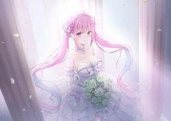 Rule 34 | 1girl, absurdres, blush, bouquet, bow, braid, breasts, collar, collarbone, dress, elbow gloves, flower, frilled collar, frills, gloves, green flower, highres, hololive, large breasts, long bangs, long hair, looking at viewer, minato aqua, minato aqua (aqua iro super dream), petals, pink eyes, pink hair, purple bow, rieatco, smile, solo, standing, strapless, strapless dress, twintails, virtual youtuber, wedding, wedding dress, white collar, white dress, white gloves