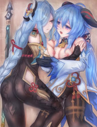 Rule 34 | 2girls, absurdres, ahoge, artist request, ass, bare shoulders, blue eyes, blue hair, blush, bodysuit, bow, braid, breast press, breasts, bridal gauntlets, cowbell, detached sleeves, ganyu (genshin impact), genshin impact, gloves, goat horns, hair bow, hair ornament, hair over one eye, highres, hip vent, horns, large breasts, leotard, long hair, multiple girls, nail polish, nipples, open mouth, pantyhose, purple eyes, pussy juice, pussy juice drip through clothes, shenhe (genshin impact), shiny clothes, shiny skin, silver hair, single braid, skin tight, smile, very long hair, waist cape