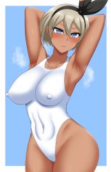 Rule 34 | 1girl, absurdres, bea (pokemon), blue background, blue eyes, cameltoe, cleft of venus, covered erect nipples, creatures (company), game freak, highres, murasame (tmurasamek), nintendo, pokemon, pokemon swsh, white background