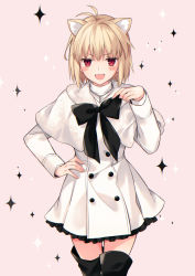 Rule 34 | 1girl, :3, animal ears, antenna hair, arcueid brunestud, black bow, black bowtie, black footwear, blonde hair, blush, blush stickers, boots, bow, bowtie, buttons, capelet, cat ears, commentary request, dress, fingernails, hand on own hip, hipo, jewelry, kemonomimi mode, long sleeves, looking at viewer, necklace, official alternate costume, red eyes, short hair, solo, thighhighs, tsukihime, tsukihime (remake), turtleneck, vampire, white capelet, white dress