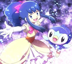 Rule 34 | 1girl, alternate costume, ameiro pk, arms up, beak, blue eyes, blue hair, bow, creatures (company), dawn (pokemon), dress, drill hair, elbow gloves, female focus, frilled dress, frills, game freak, gen 4 pokemon, gloves, hair bow, hair ornament, happy, matching hair/eyes, nintendo, open mouth, outstretched arms, pink bow, piplup, pokemon, pokemon (anime), pokemon (creature), pokemon dppt, puffy short sleeves, puffy sleeves, purple background, short sleeves, simple background, smile, spread arms, standing, teeth, white gloves, yellow dress
