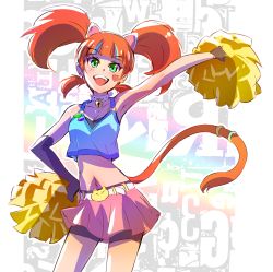 Rule 34 | 1girl, animal ears, armpits, bell, blunt bangs, breasts, cat ears, cat tail, cheerleader, cleavage, collar, commentary request, green eyes, hand on own hip, heart, heart tattoo, iesupa, navel, neck bell, neon katt, orange hair, pom pom (cheerleading), rwby, solo, tail, tattoo, twintails