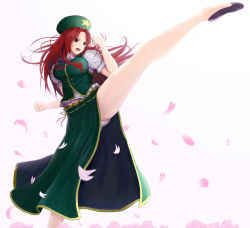 Rule 34 | &gt;:o, 1girl, :o, braid, breasts, cherry blossoms, chinese clothes, clenched hands, fermi (aoyama), green eyes, green vest, hat, high kick, highres, hong meiling, kicking, large breasts, long hair, midriff, open mouth, panties, pantyshot, puffy short sleeves, puffy sleeves, red hair, shirt, shoes, short sleeves, solo, star (symbol), touhou, twin braids, underwear, v-shaped eyebrows, vest, white background, white panties, white shirt