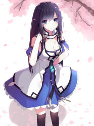 Rule 34 | 1girl, bad id, bad pixiv id, black hair, black thighhighs, blue eyes, breasts, cherry blossoms, cleavage, highres, long hair, looking at viewer, original, smile, solo, thighhighs, unscpro