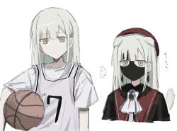 Rule 34 | 1girl, animal ears, ascot, ball, bang dream!, bang dream! it&#039;s mygo!!!!!, basketball (object), basketball uniform, beret, black shirt, blue brooch, brown eyes, commentary, cropped torso, dog ears, dog girl, dog tail, earrings, grey hair, hair ornament, hairclip, hashtag-only commentary, hat, holding, holding ball, jewelry, kemonomimi mode, long hair, looking at viewer, mask, masquerade mask, red headwear, red vest, saifu (saihu715), shirt, short sleeves, sidelocks, simple background, sportswear, tail, upper body, vest, wakaba mutsumi, white ascot, white background, white shirt