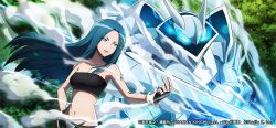 Rule 34 | 1girl, bare shoulders, blue eyes, blue hair, breasts, floating hair, ghost, kanna bismarch, knight, long hair, looking away, medium breasts, navel, official art, shaman king, shorts, smile, smoking, spirit, strapless, tube top