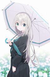 Rule 34 | 1girl, :o, black serafuku, black shirt, black skirt, commentary request, flower, green eyes, green neckerchief, grey hair, hair between eyes, highres, holding, holding umbrella, hydrangea, long hair, long sleeves, looking at viewer, looking to the side, neckerchief, original, outdoors, parted lips, pleated skirt, puffy long sleeves, puffy sleeves, sailor collar, school uniform, serafuku, shirt, skirt, sleeves past wrists, solo, tantan men (dragon), umbrella, very long hair, water drop, wet, white background, white flower, white sailor collar, white umbrella
