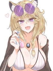 Rule 34 | 1girl, :d, arknights, bikini, blue nails, blush, braid, breasts, brown hair, brown jacket, cleavage, eyewear on head, fang, hair ornament, hairclip, hand up, highres, jacket, jewelry, large breasts, long hair, looking at viewer, maiq06, nail polish, necklace, off shoulder, official alternate costume, open mouth, purple-tinted eyewear, purple eyes, round eyewear, simple background, single bare shoulder, skin fang, smile, solo, striped bikini, striped clothes, sunglasses, swimsuit, tinted eyewear, upper body, utage (arknights), utage (summer flowers) (arknights), white background