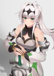 Rule 34 | 1girl, arm armor, armor, bare shoulders, black gloves, black shirt, blush, breasts, bridal gauntlets, circlet, cleavage cutout, closed mouth, clothing cutout, coeiroink, commentary request, croix-chan, detached sleeves, elbow gloves, from above, fujifuji0330, gloves, green eyes, grey background, hair intakes, halter shirt, halterneck, hands on hilt, highres, long hair, looking at viewer, looking up, medium breasts, own hands together, planted, planted sword, planted weapon, ponytail, shadow, shirt, sidelocks, simple background, skirt, smile, solo, star cutout, sword, weapon, white hair, white skirt
