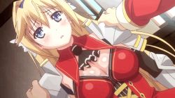 Rule 34 | animated, animated gif, assisted exposure, blonde hair, blue eyes, blush, bouncing breasts, breasts, cleavage, elcia harvence, embarrassed, covered erect nipples, koikishi purely kiss, large breasts, long hair, no bra, undressing, undressing another