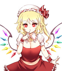 Rule 34 | 1girl, adapted costume, ascot, blonde hair, breasts, cleavage, crystal, flandre scarlet, frilled shirt collar, frills, hat, large breasts, looking at viewer, mob cap, open mouth, pointy ears, puffy short sleeves, puffy sleeves, raptor7, red eyes, red skirt, short sleeves, simple background, skirt, skirt set, solo, touhou, vest, white background, wings, wrist cuffs