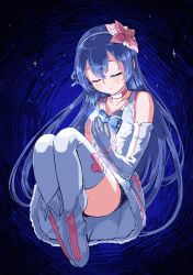 Rule 34 | 1girl, blue hair, bokutachi wa hitotsu no hikari, choker, closed eyes, commentary request, dress, elbow gloves, floating, flower, full body, gloves, goe (g-o-e), hair between eyes, hair flower, hair ornament, highres, jewelry, long hair, love live!, love live! school idol project, ribbon, single elbow glove, skirt, smile, solo, sonoda umi, thighhighs, white thighhighs